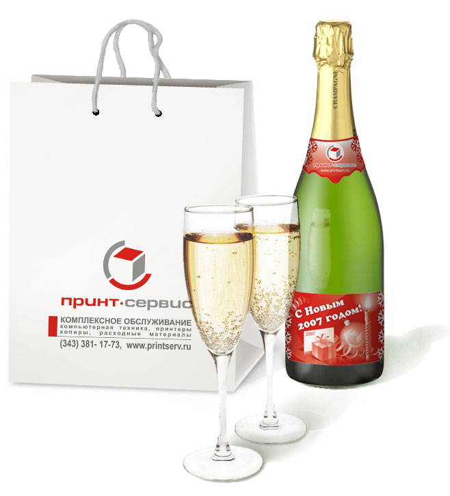 подарочный пакет и новогодняя этикетка на шампанское выполненные в разработанном фирменном стиле